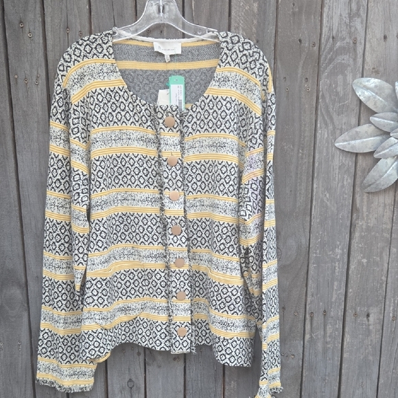 Skies Are Blue Patterned Cardigan with Yellow and Black Stripes - Picture 1 of 8